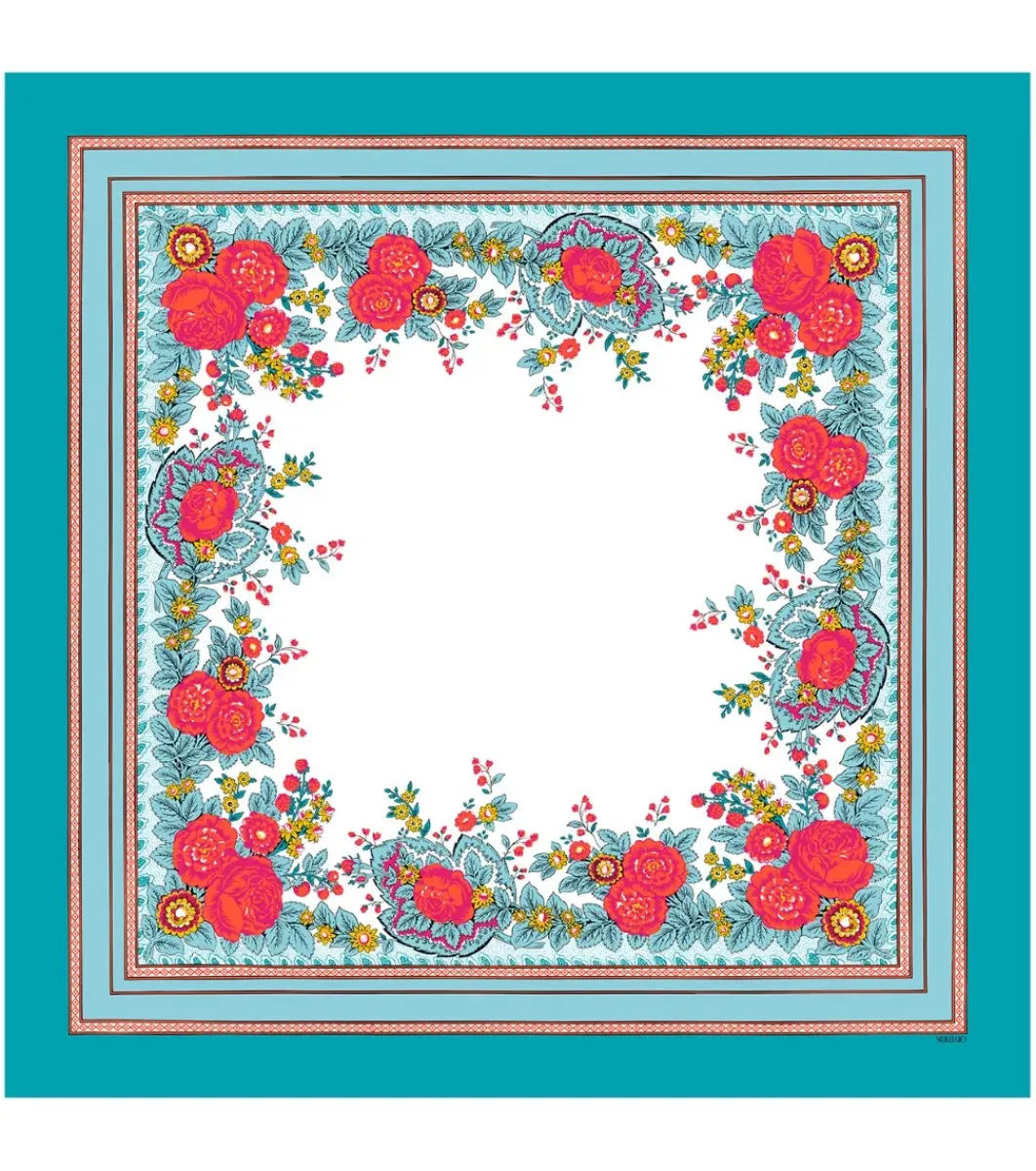 Femme Souleiado Carré Coton | Toute La Collection | Carré de coton ARLATEN turquoise corail 90 x 90 cm