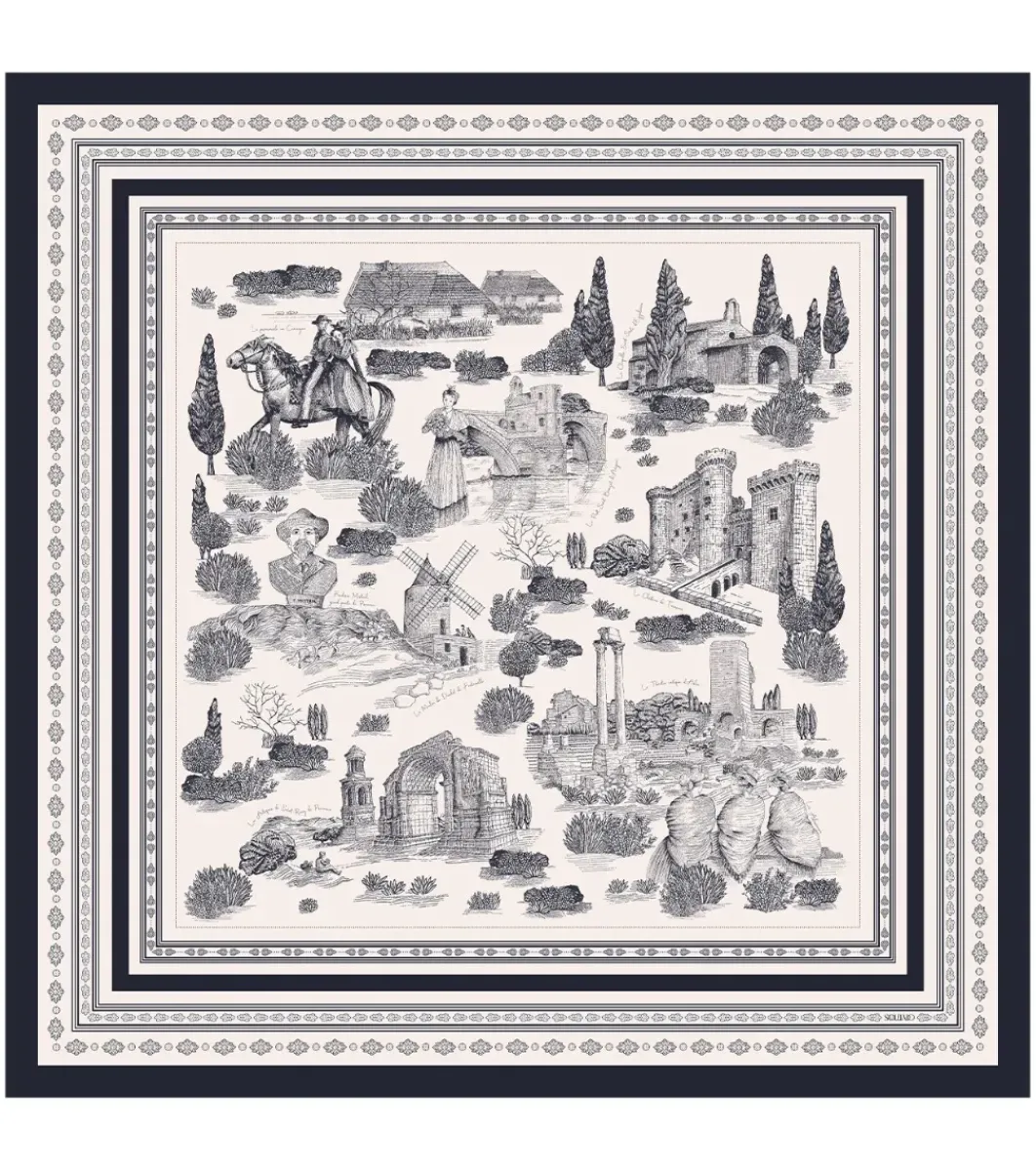 Femme Souleiado Toute La Collection | Carré Soie | Carré soie PROMENADE EN PROVENCE écru-nuit 90 x 90 cm