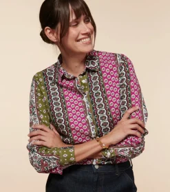 Femme Souleiado Chemises & Blouses | Chemise SLIM ELINA Bande Provençal fuchsia kaki