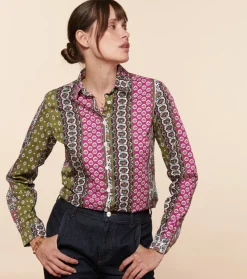 Femme Souleiado Chemises & Blouses | Chemise SLIM ELINA Bande Provençal fuchsia kaki