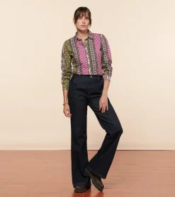 Femme Souleiado Chemises & Blouses | Chemise SLIM ELINA Bande Provençal fuchsia kaki