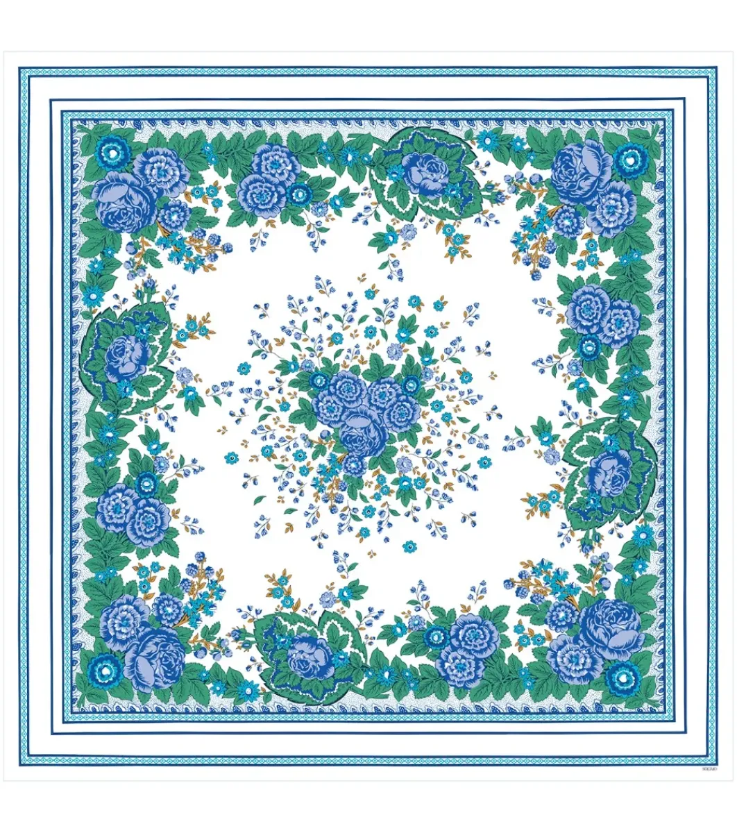 Femme Souleiado Châle | Toute La Collection | Châle en soie ARLATEN écru bleu 135 x 135 cm