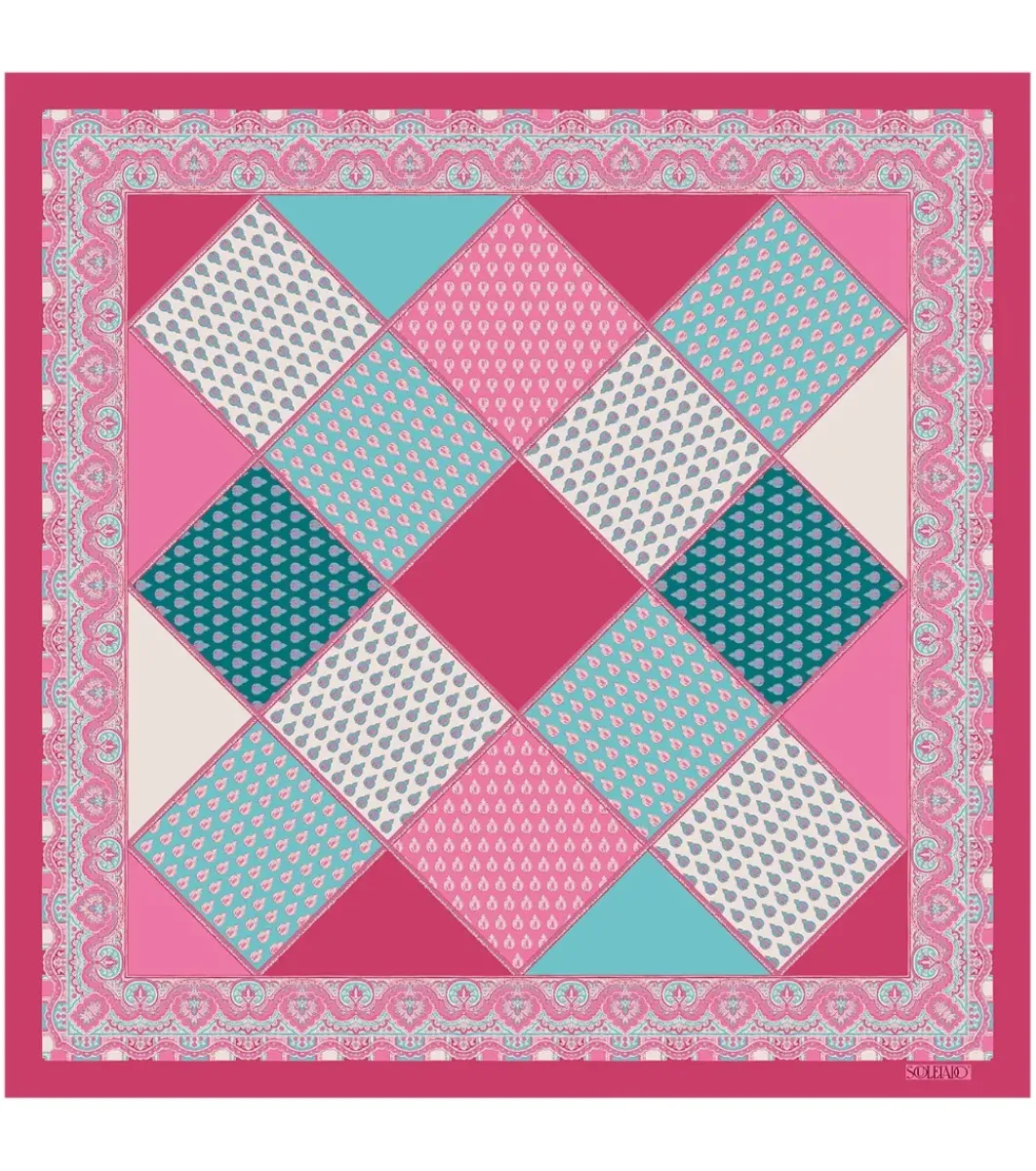 Femme Souleiado Châle | Toute La Collection | Châle en soie MADEMOISELLE BURLES rose turquoise 135 x 135 cm