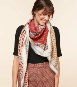 Femme Souleiado Châle | Toute La Collection | Châle laine et soie L'ITALIENNE rouge abricot 140 x 140 cm