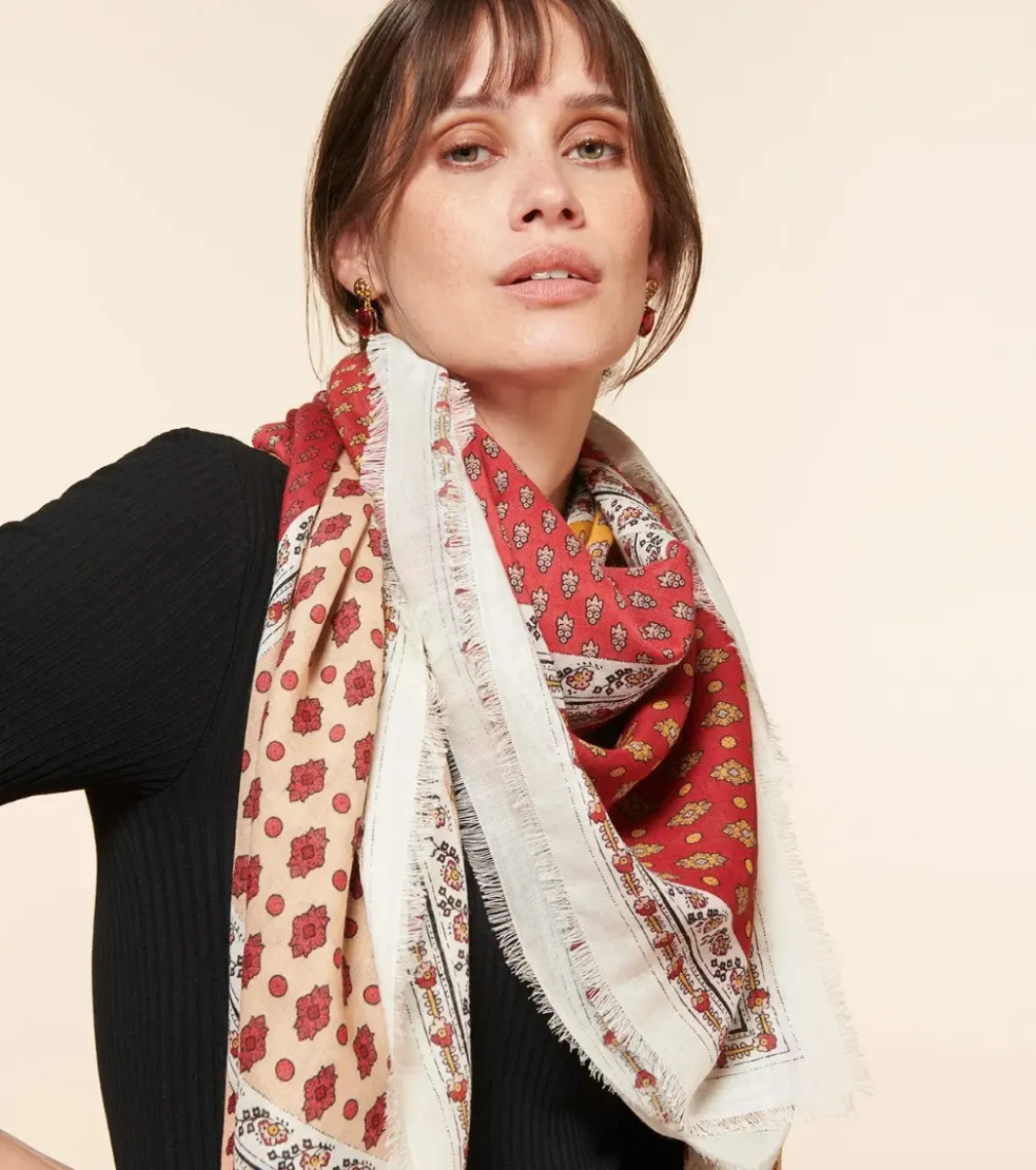 Femme Souleiado Châle | Toute La Collection | Châle laine et soie L'ITALIENNE rouge abricot 140 x 140 cm