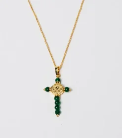 Femme Souleiado Bijoux | Collier Croix Fleur d'Arles et perles émeraudes