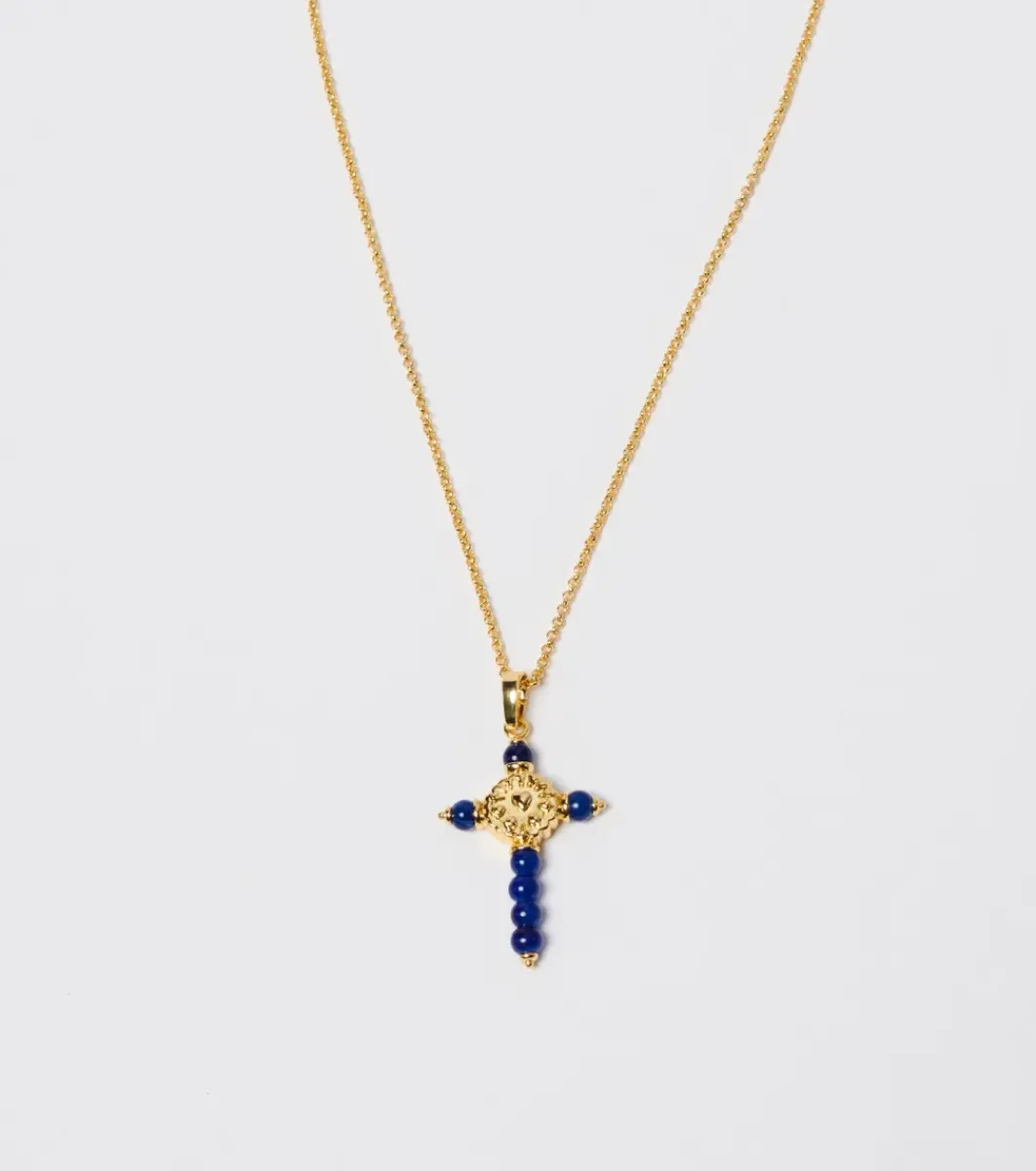 Femme Souleiado Bijoux | Collier Croix Fleur d'Arles et perles bleu lapis