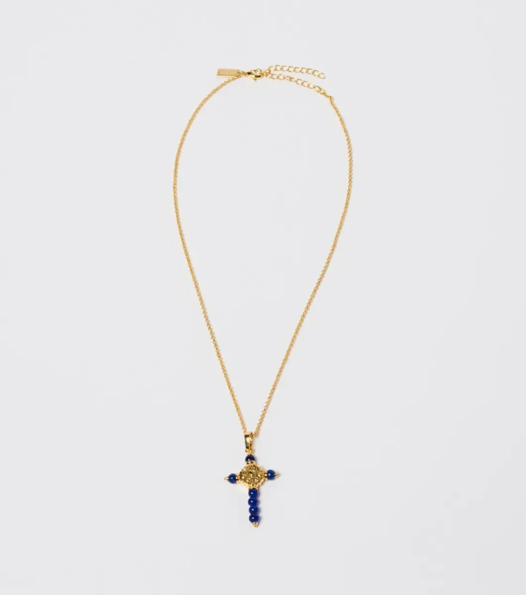 Femme Souleiado Bijoux | Collier Croix Fleur d'Arles et perles bleu lapis