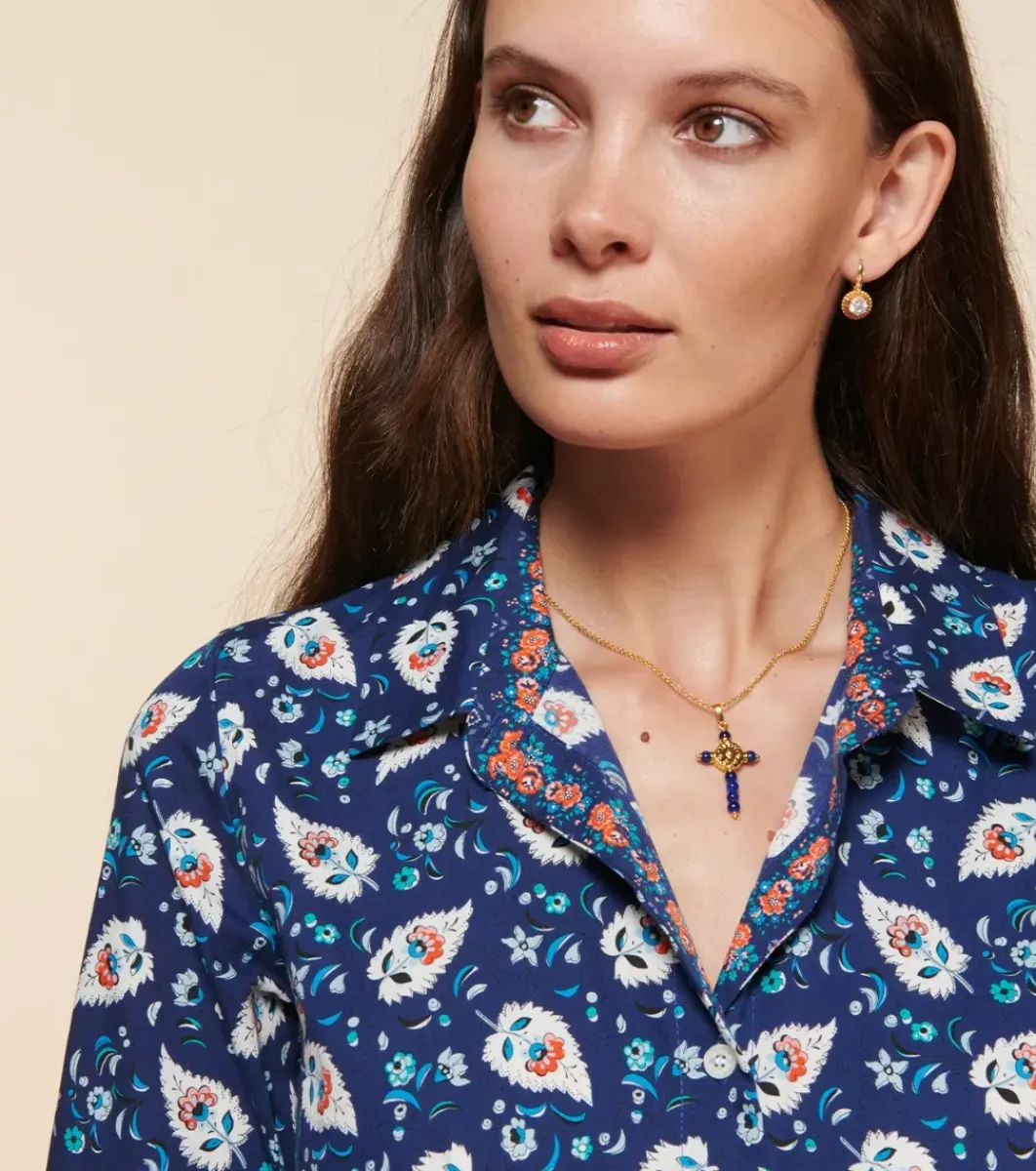 Femme Souleiado Bijoux | Collier Croix Fleur d'Arles et perles bleu lapis