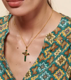 Femme Souleiado Bijoux | Collier Croix Fleur d'Arles et perles émeraudes