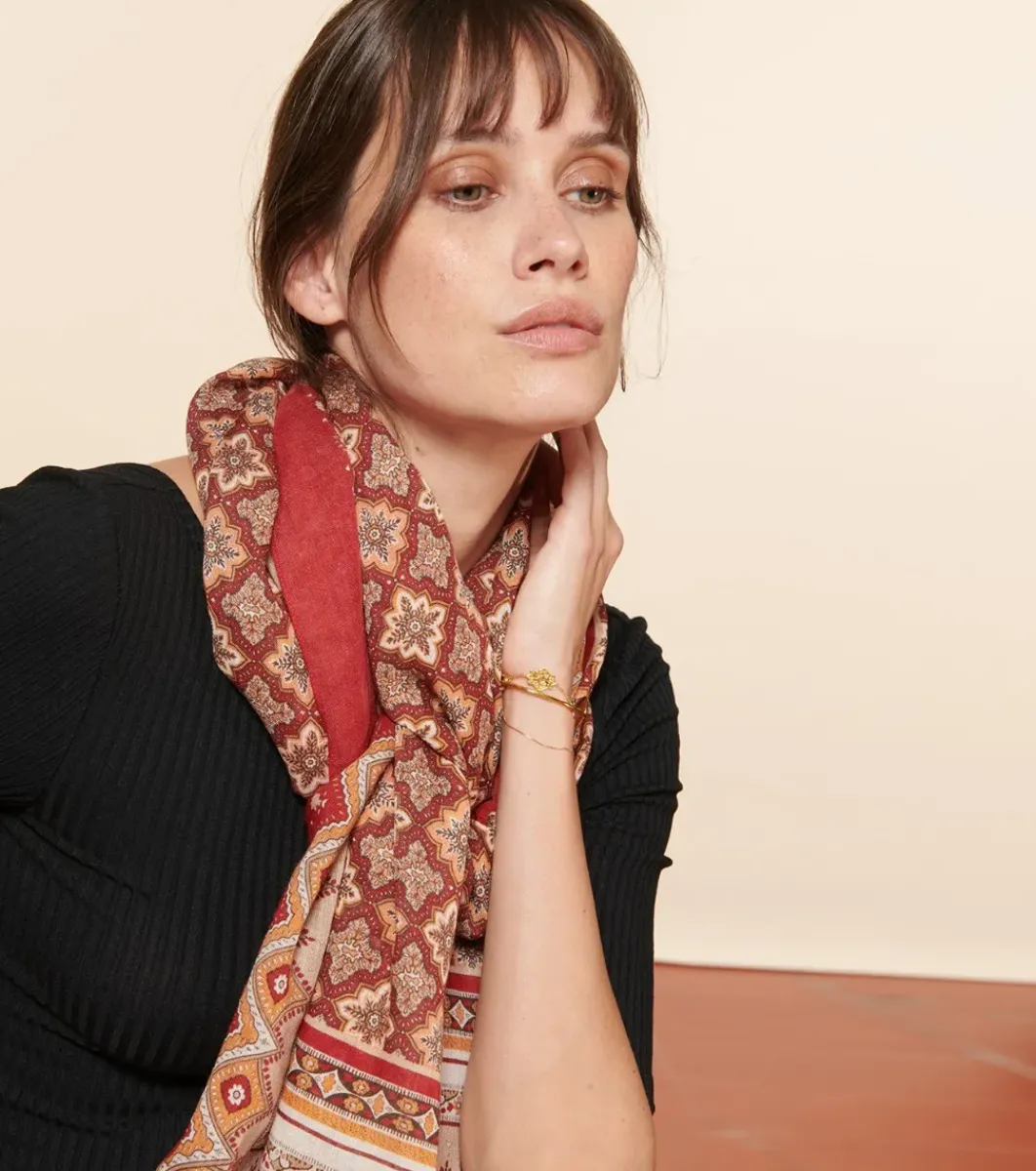 Femme Souleiado Étole | Toute La Collection | Etole laine et soie PRECIEUX rouge beige 65 x 190 cm