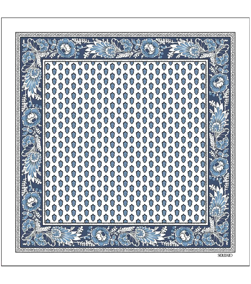 Femme Souleiado Carré Coton | Toute La Collection | Mouchoir coton LA MOUCHE bleu et blanc 45 x 45 cm