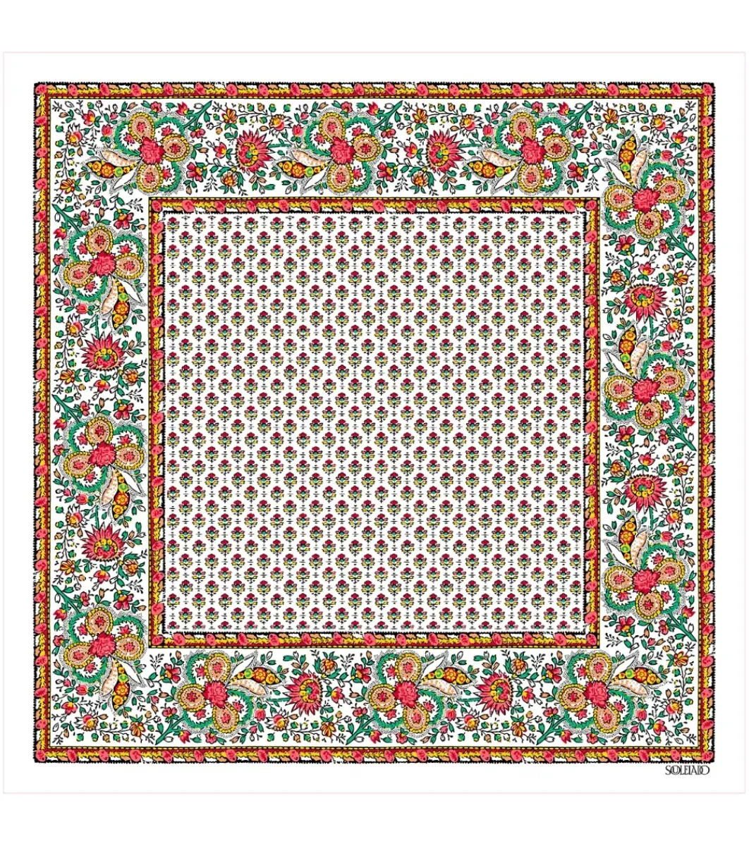 Souleiado Carré Coton | Toute La Collection | Mouchoir en coton BRUYERE ecru corail 45 x 45 cm