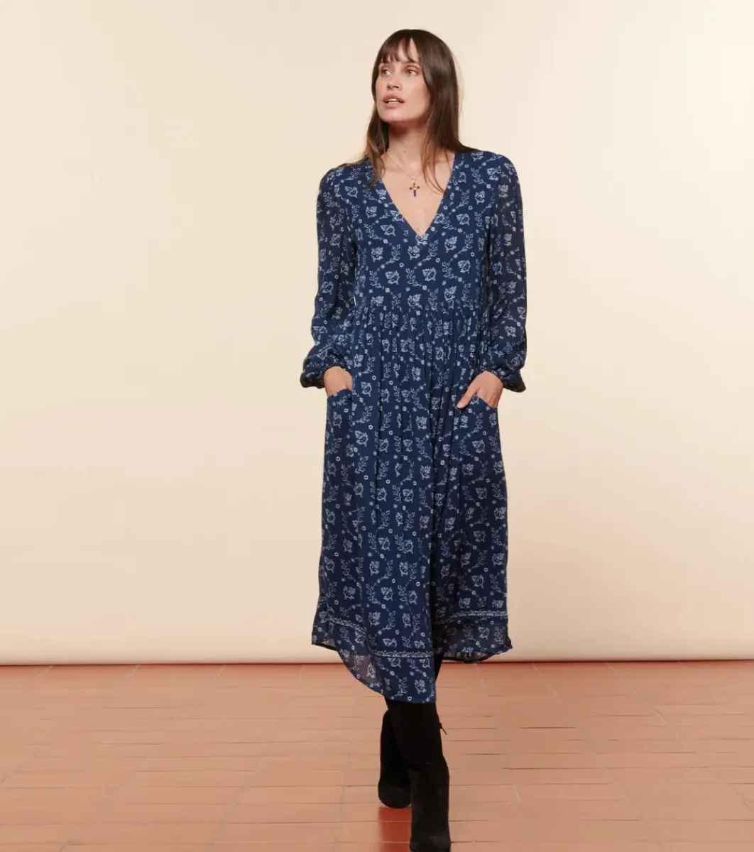 Femme Souleiado Robes | Robe DINA Feuille de Vigne marine ciel