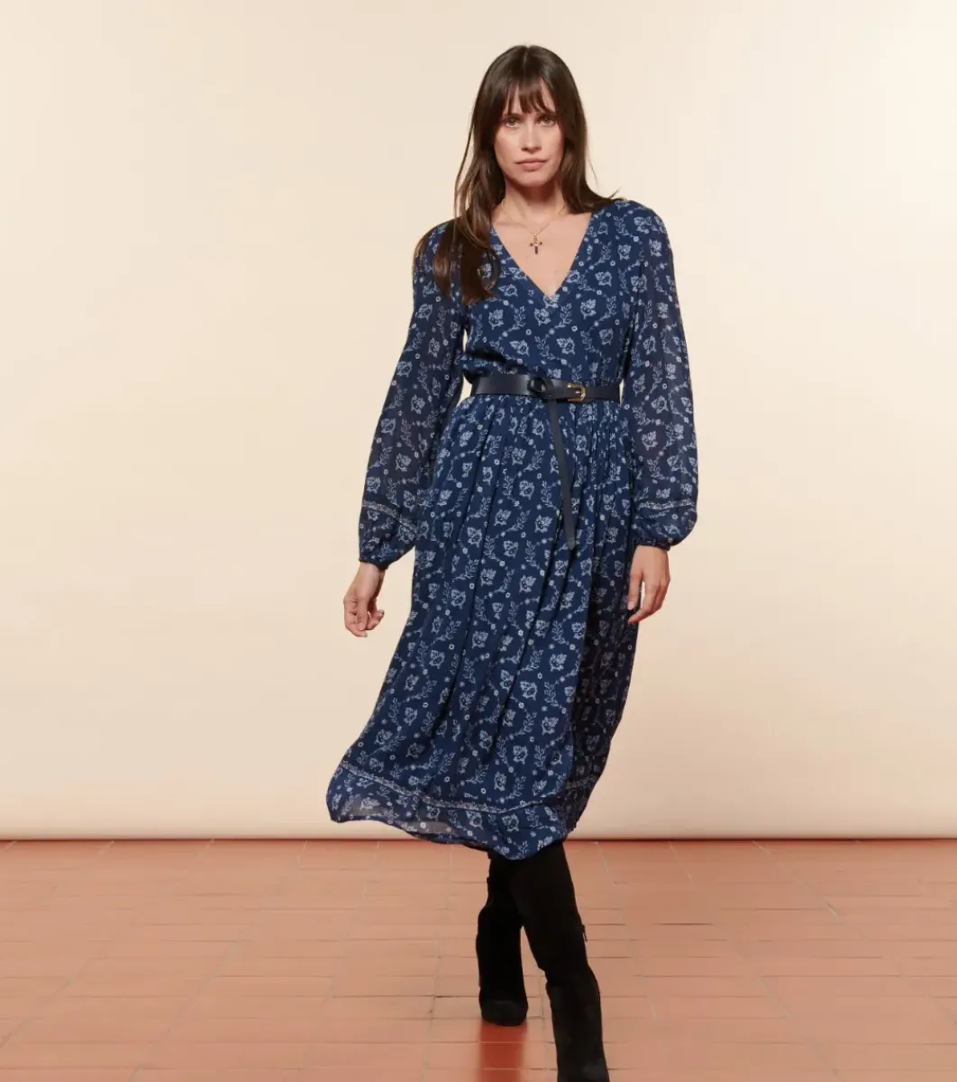Femme Souleiado Robes | Robe DINA Feuille de Vigne marine ciel